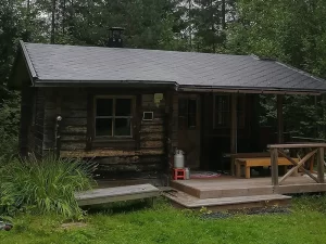 Harmaa huopakattoinen mökki metsän keskellä huopakaton pinnoituksen jälkeen