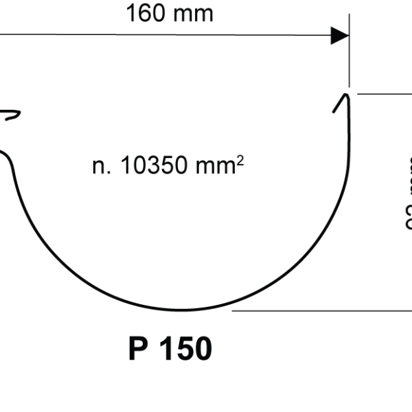 Kourujen asennus - havainnekuva puolipyöreästä 150 mm sadevesikourusta, leveys 160 mm ja syvyys 92 mm