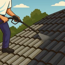 katon-pinnoitus-tummanharmaa Ammattilainen pinnoittaa tummanharmaata tiilikattoa korkeapaineruiskulla kirkkaana päivänä – kestävä tiilikaton pinnoitus parantaa katon suojaa ja ulkonäköä.