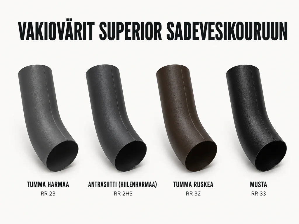 Pyöreän sadevesikourun vakiovärit: valkoinen RR20, tumma harmaa RR23, punainen RR29, tumma ruskea RR32 ja musta RR33