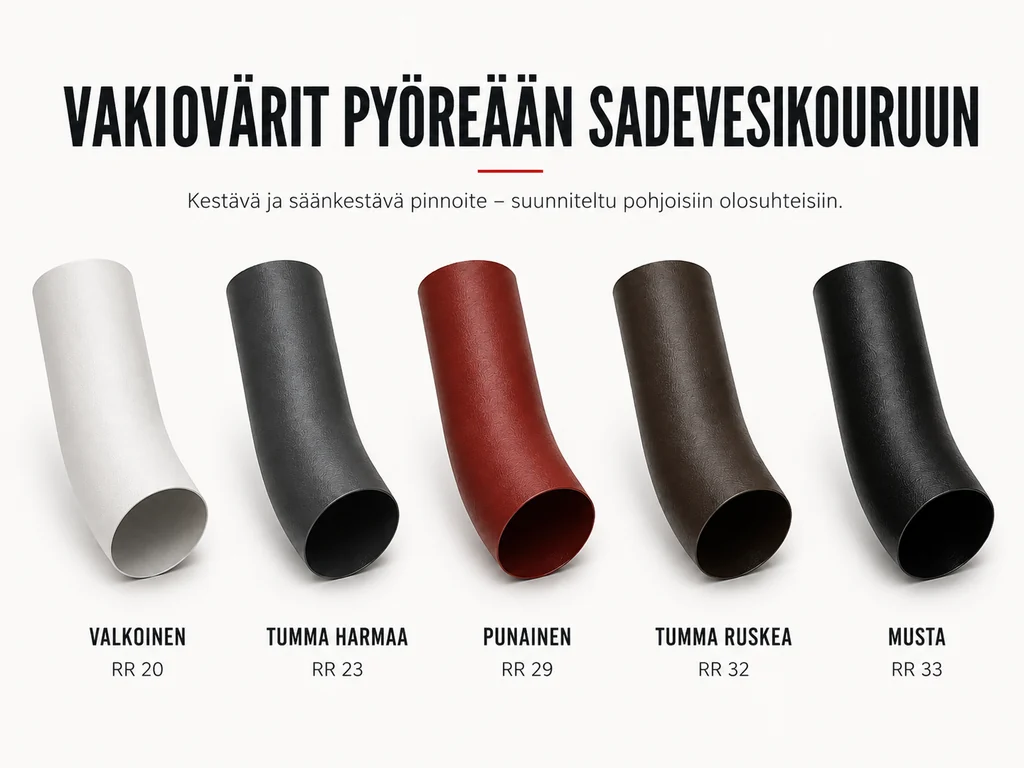 Pyöreän sadevesikourun vakiovärit: valkoinen RR20, tumma harmaa RR23, punainen RR29, tumma ruskea RR32 ja musta RR33